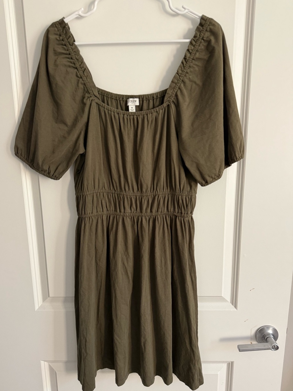 J. Crew Olive Puff-Sleeve Smocked Waist Mini Dress, Medium